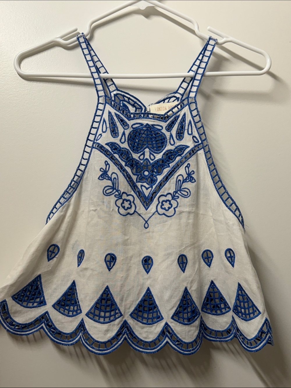 White Halter Camisole with Blue Embroidery